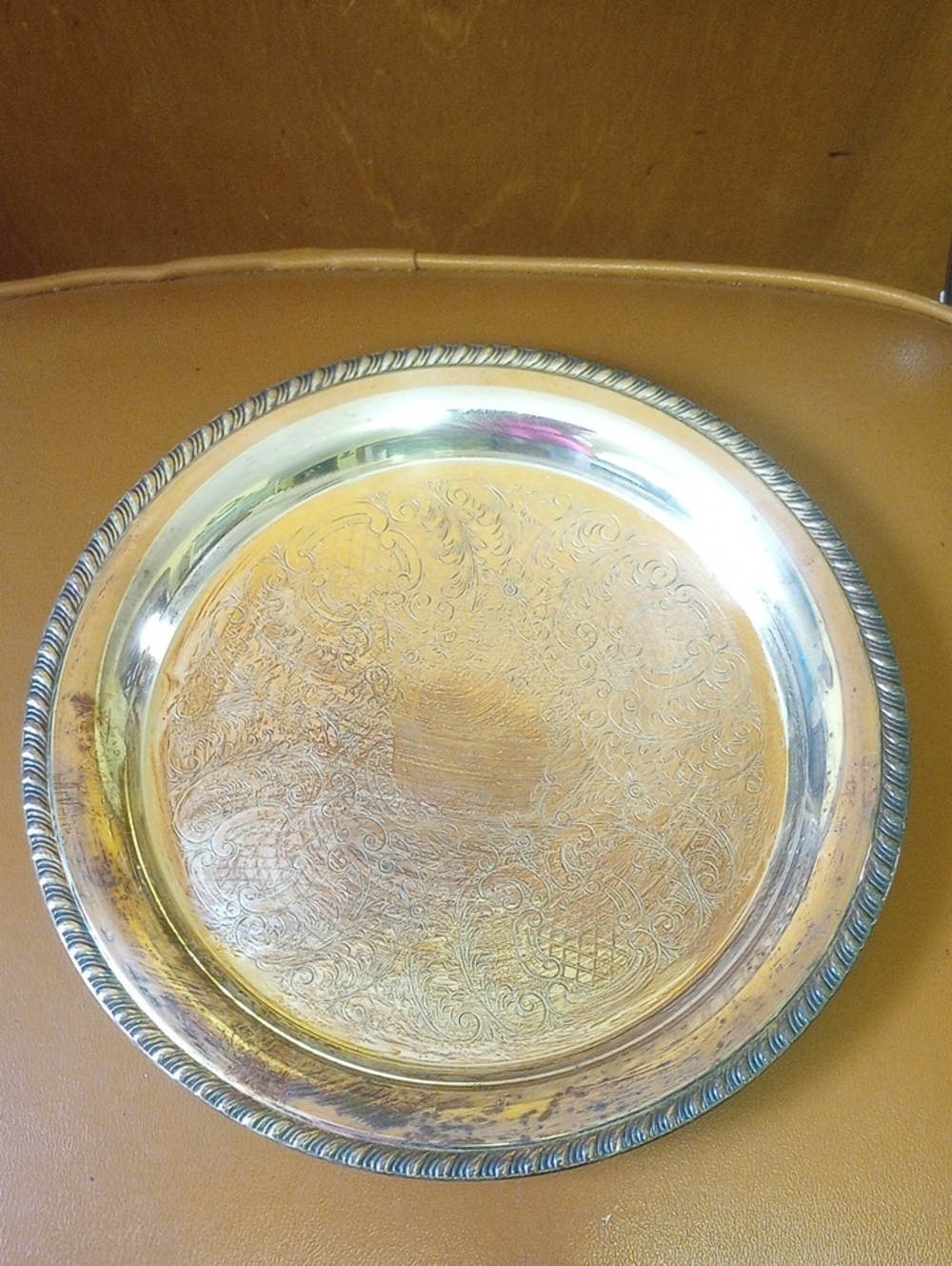 Traditional Classic Vintage Etched Silverplate Round Tray